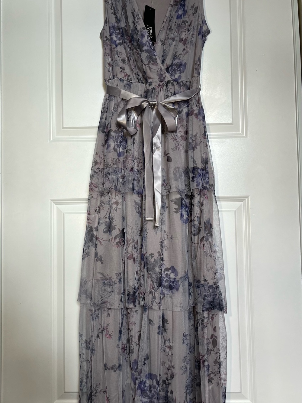 Lilac Floral Tiered Maxi Dress with Satin Waist Tie